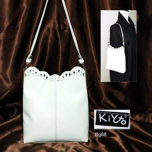 KIYTO Japan white Leather Satchel Perforated Scalloped Edge Shoulder Bag Purse